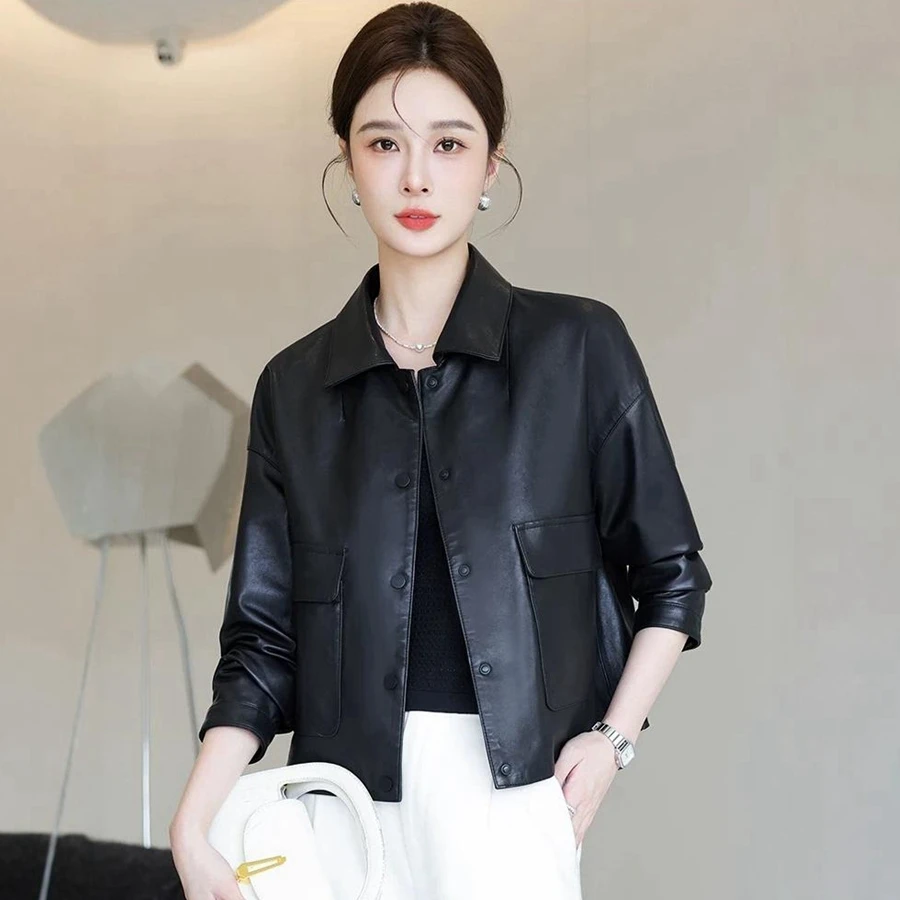 海宁真皮皮衣女短款2024春秋新款高级绵羊皮时尚翻领夹克休闲外套