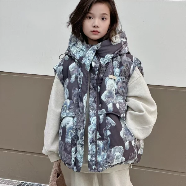 冬季韩版中大童时尚小熊印花90白鸭绒羽绒马甲加厚短款羽绒服7079