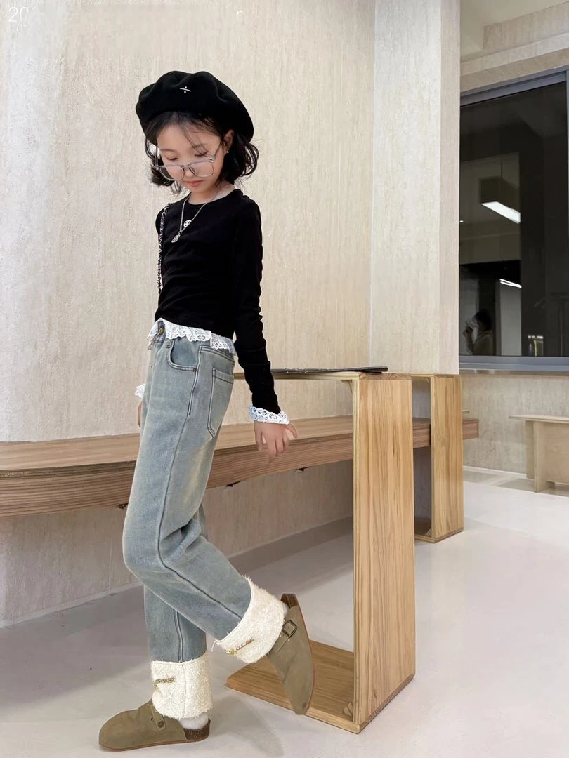 冬季女童浅色牛仔裤 脚口翻边 重工水洗加绒修身小直筒牛仔裤5037