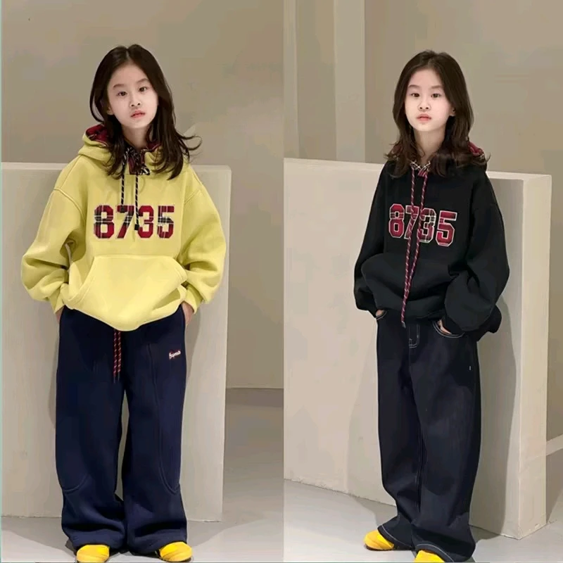 冬季一体绒韩版重工贴布刺绣儿童连帽宽松中大童拼接帽衫卫衣1758