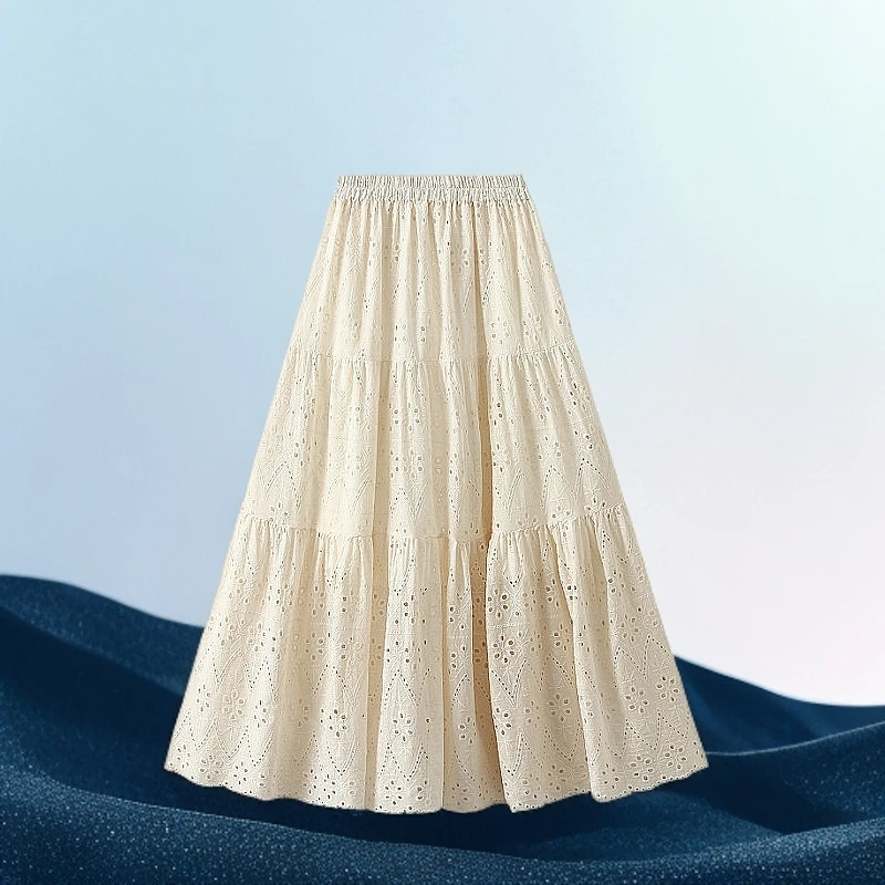 2025春秋新款法式温柔风镂空刺绣半身裙高腰显瘦大摆长裙女百褶裙