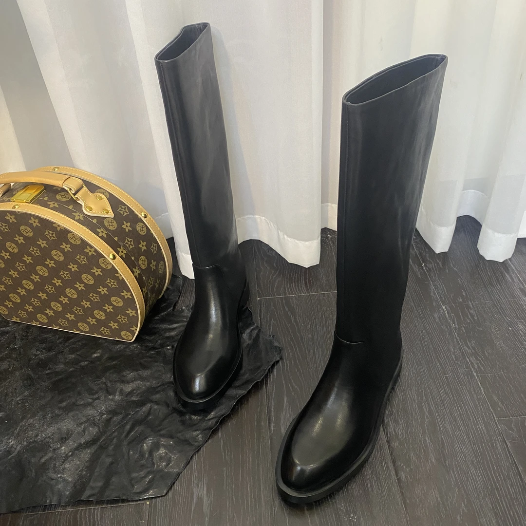 艾琪尼莎标准筒粗跟尖头真皮长筒靴百搭时尚靴子长筒靴骑士长靴女