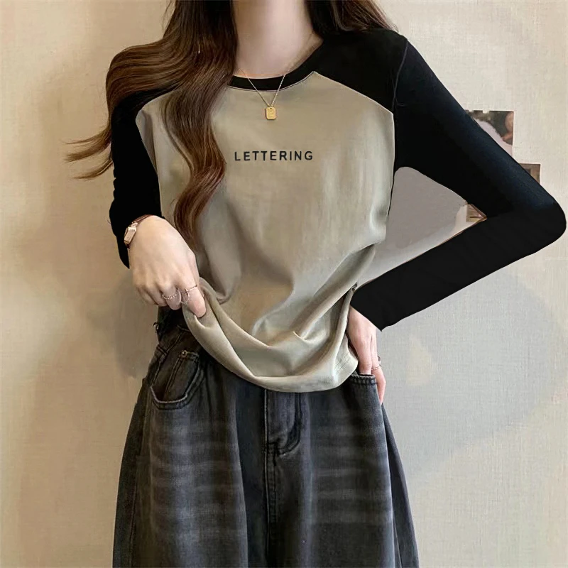 翰代维春秋新款撞色拼接长袖T恤女印花打底衫秋冬显瘦别致上衣潮