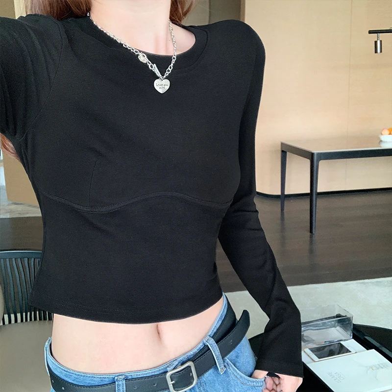 重磅210g高品质正肩长袖t恤女设计感纯色秋装新款修身打底衫短款