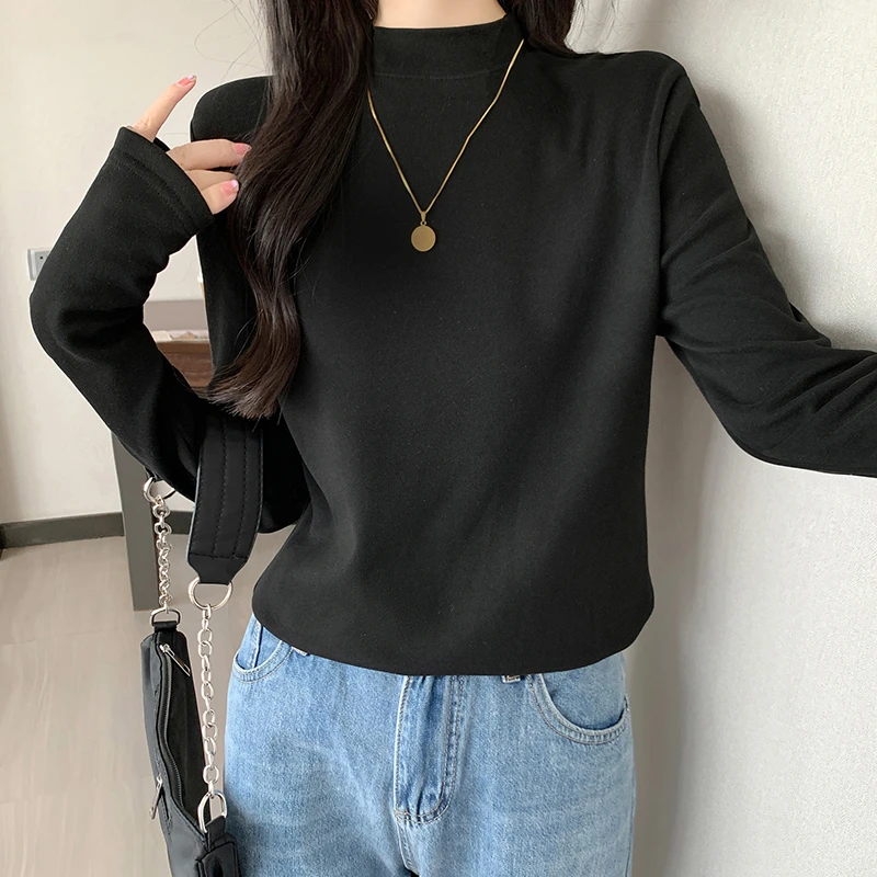 双面德绒内搭半高领打底衫女秋季2023新款百搭上衣女显瘦长袖T恤