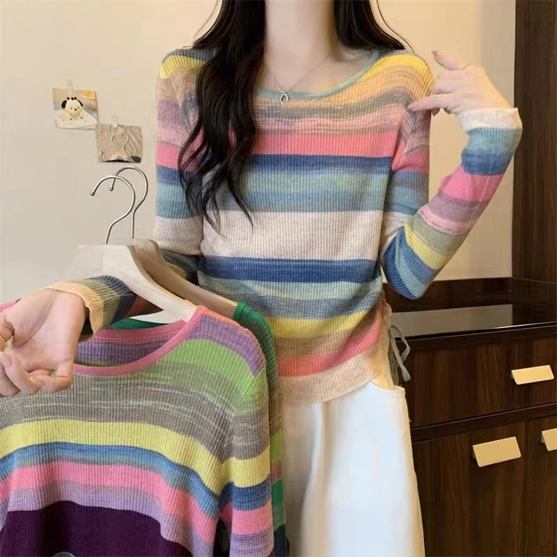 洋气条纹针织衫女装秋冬撞色毛衣2024新款抽绳设计感长袖显瘦上衣