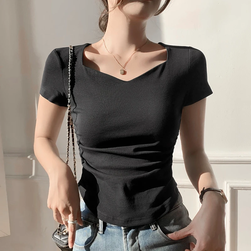 辣妹性感正肩V领短袖t恤女褶皱夏季新款洋气显瘦修身短款百搭上衣