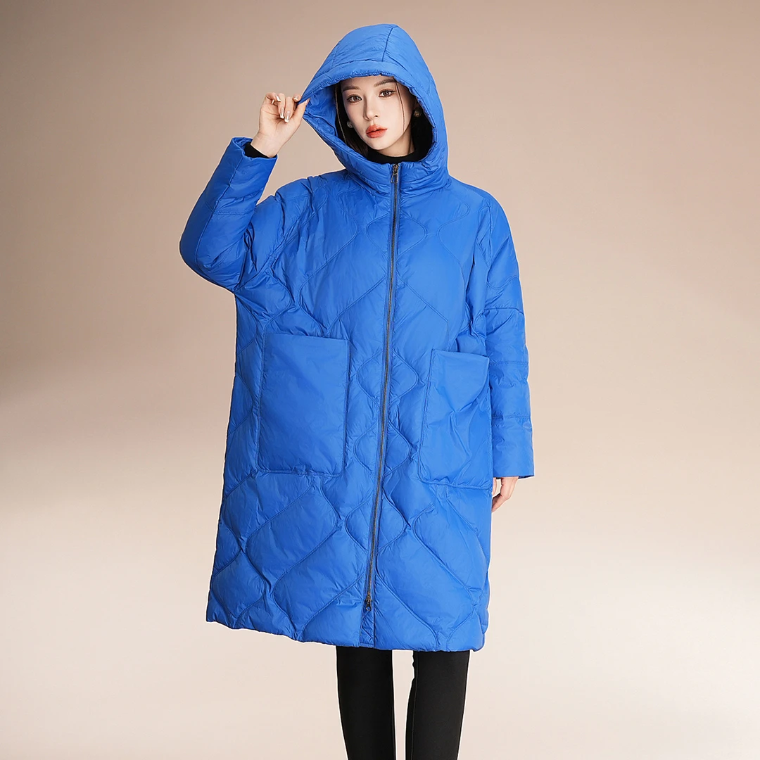 羽绒服时尚连帽中长款加厚保暖冬季运动蓝色宽松女士 EY0UW611-YR