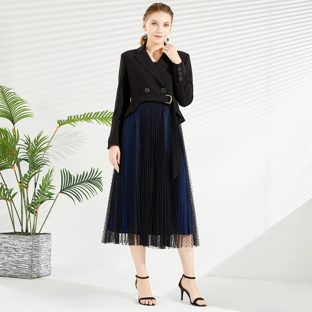 ECACA复古休闲设计师百褶黑色优雅秋冬长款连衣裙 EH0PF455-DR