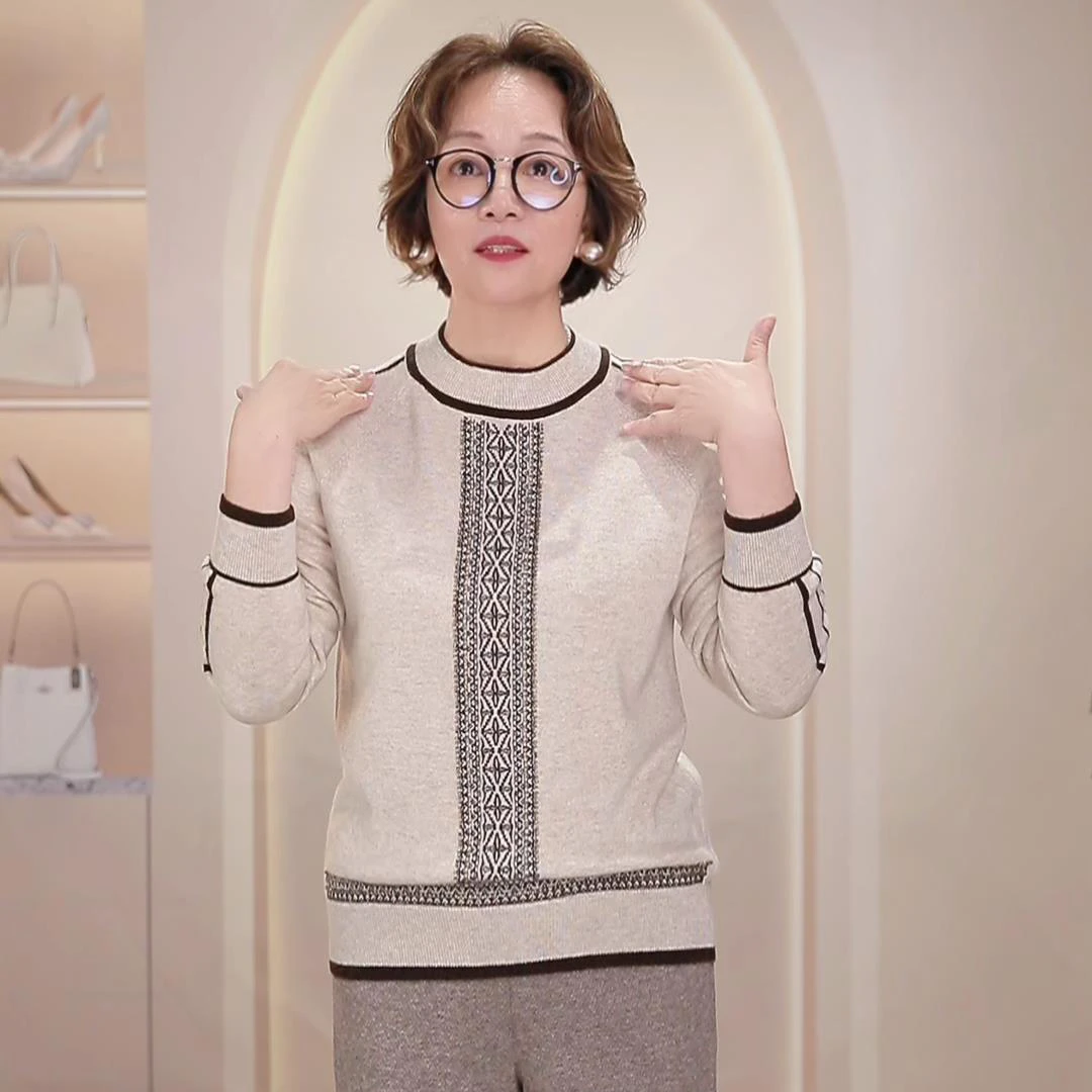 ECACA针织衫羊毛衫圆领拼接时尚秋款上衣柔软宽松毛衣EY0RS041-ST