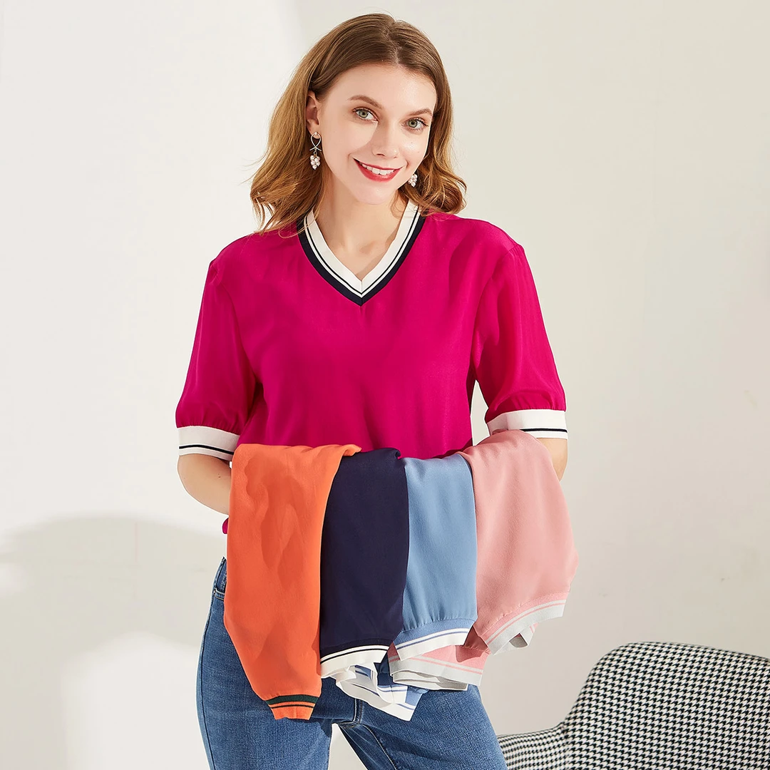 ECACA百搭气质时尚休闲夏季宽松拼接圆领半袖衬衫T恤 EF0RX245-SH