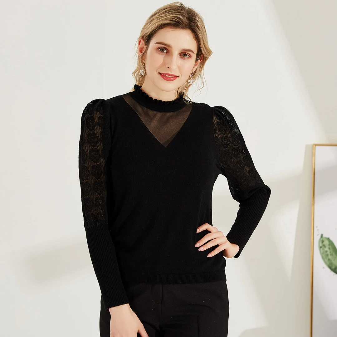 ECACA女装镂空气质时尚黑色上衣百搭打底衫蕾丝长袖 EY0RS035-ST