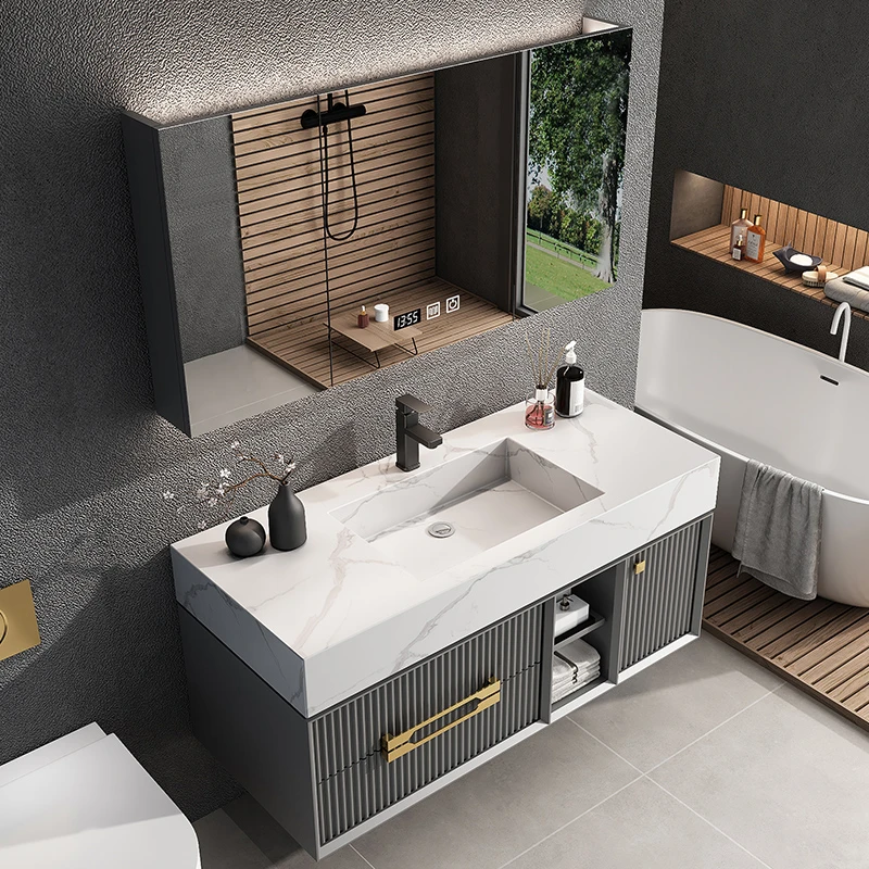 帆宜【设计师款波浪纹】高端轻奢岩板一体盆浴室柜组合卫生间洗漱台