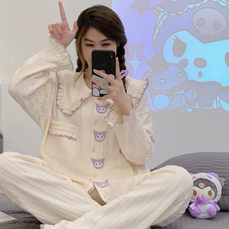 【333#花边库洛米】无胸垫秋冬季长袖睡衣娃娃领甜美公主风家居服