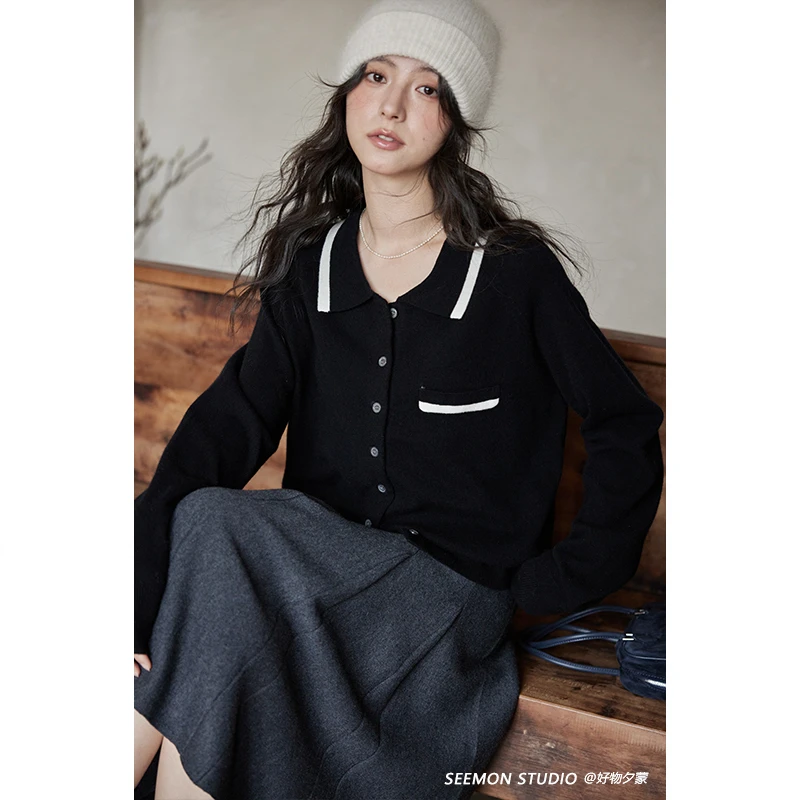 Seemon秋冬时尚流行上衣小个子慵懒风宽松洋气圆领开衫毛衣M10403