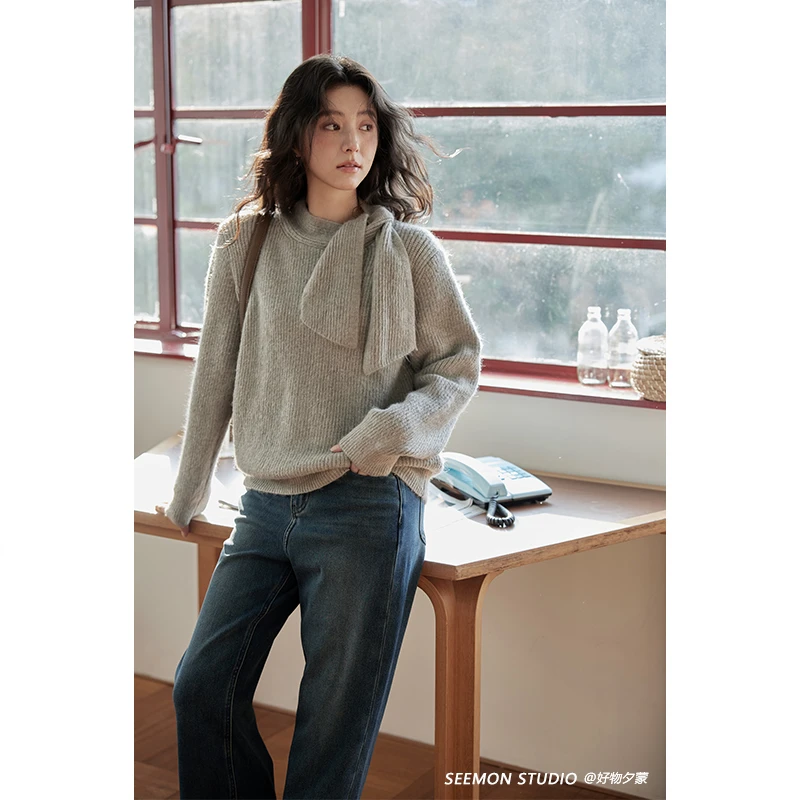 Seemon秋冬洋气独特小众时尚针织衫软糯慵懒风高级感毛衣女M10383