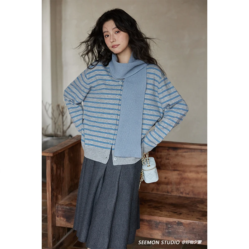 Seemon秋冬设计感上衣开衫时尚慵懒风小众洋气条纹针织衫女M10376