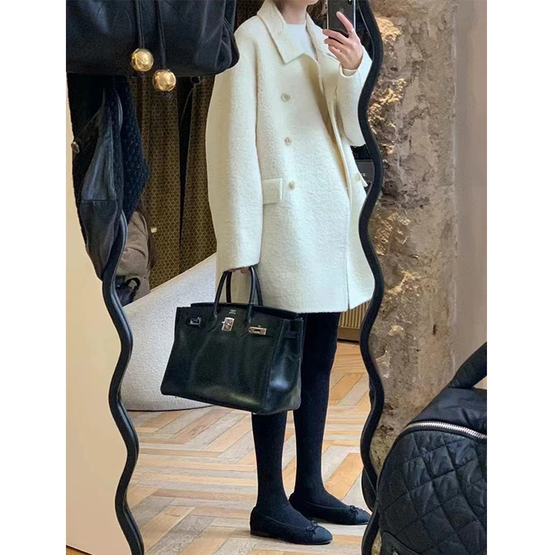 2025早春上新oun*ce 气质翻领双排扣中长款苏力羊毛大衣外套女