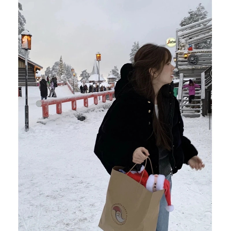 韩国东大门博主款复古丝绒连帽白鹅绒短款羽绒服面包服外套冬女