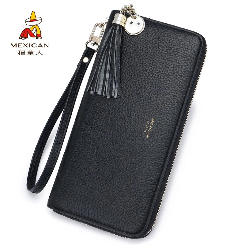 稻草人手包女长款钱包头层牛皮拉链简约大方韩版时尚多功能手拿包