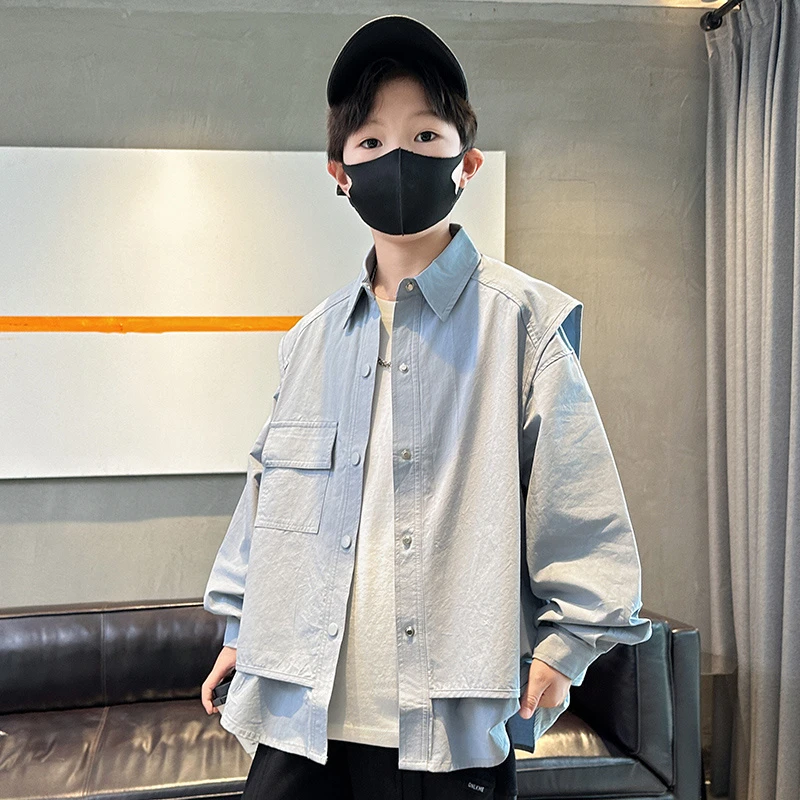 男童外套6-12岁潮款2025新款中大童春季男孩春装痞帅气假两件衬衫