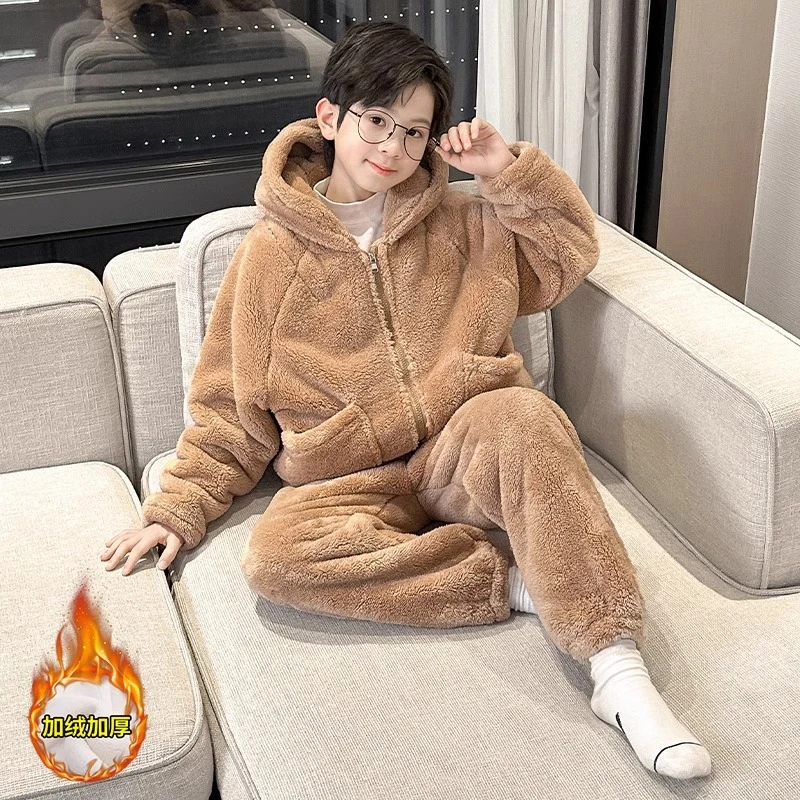 儿童装男童睡衣秋冬款家居服加绒珊瑚绒加厚大童男孩冬季法兰绒潮