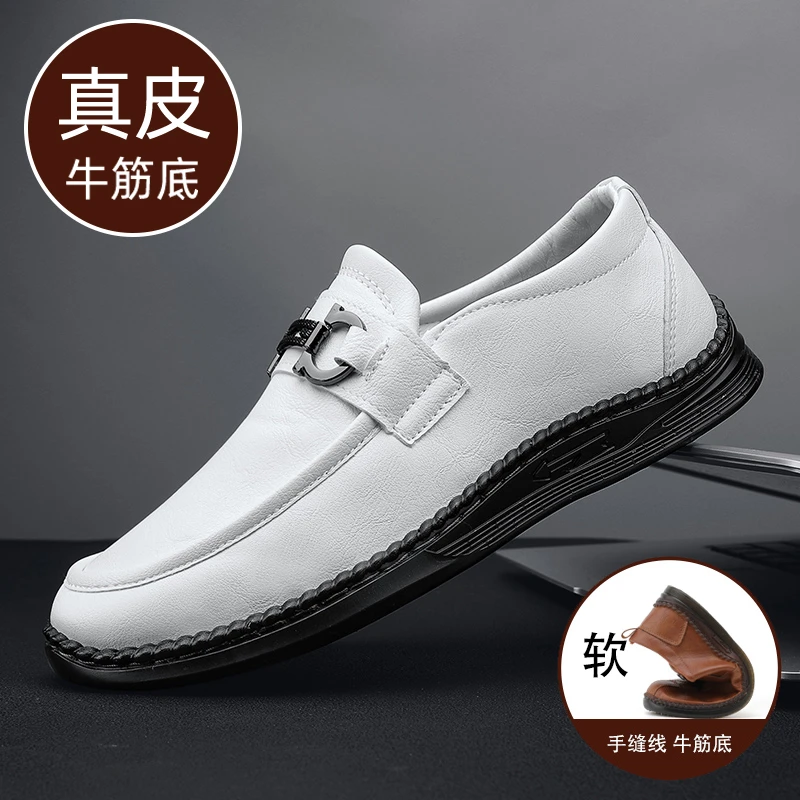 KIDMAN皮鞋男真皮秋季新款豆豆鞋软底透气休闲乐福鞋一脚蹬懒人鞋