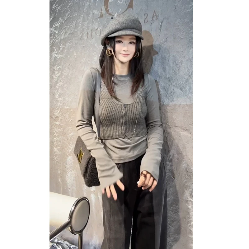 欧洲站2025春季新款欧货针织背心高版本真两件套时尚打底T恤女