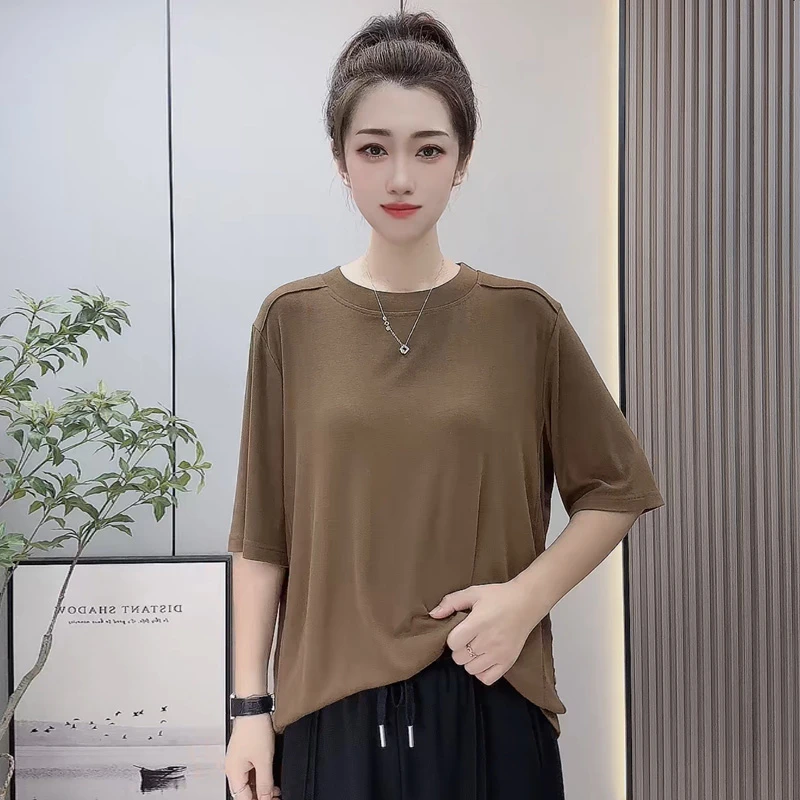 春季大码200斤纯色圆领长袖t恤女宽松显瘦百搭设计感打底衫女上衣