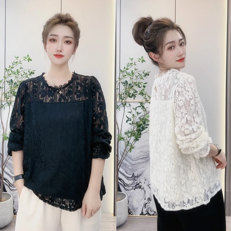 春季大码200斤别致蕾丝长袖百搭外穿洋气显瘦上衣打底衫镂空