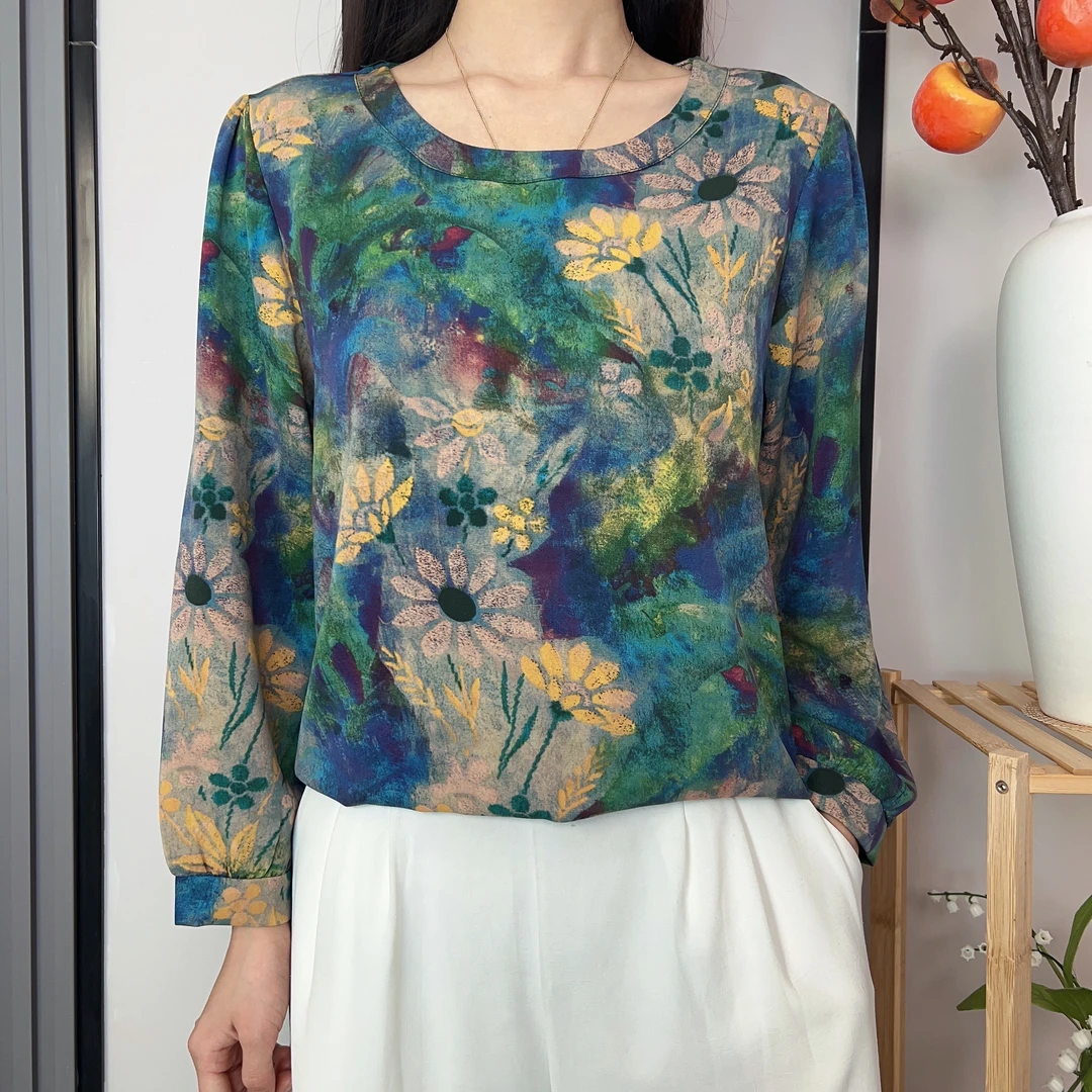 【花海】女士新款长袖百搭圆领妈妈装时尚洋气印花显瘦气质上衣