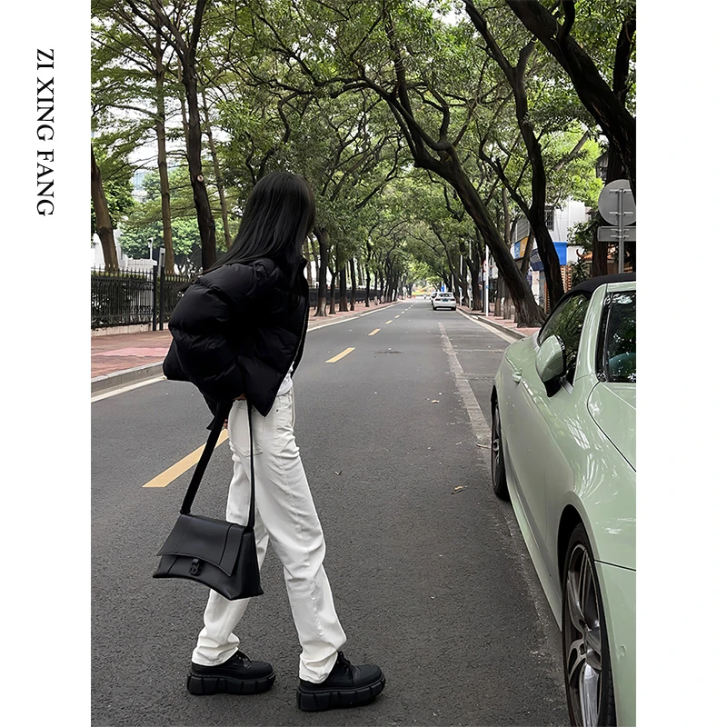 白色高腰窄版直筒牛仔裤女春秋2025年新款宽松显瘦弹力烟管裤子