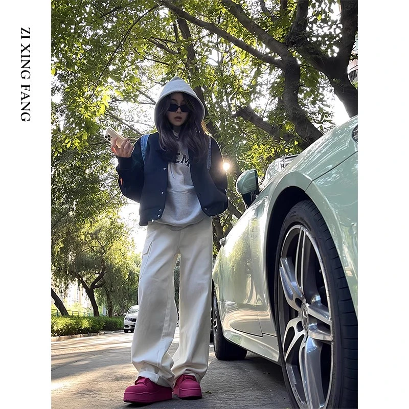 白色直筒工装裤女夏季2025新款高腰宽松显瘦休闲拖地阔腿牛仔裤子