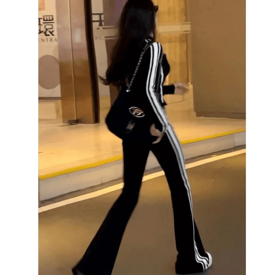 2025年春秋拼色条纹修身两件套收腰显瘦鱼骨高腰短款立领运动套装