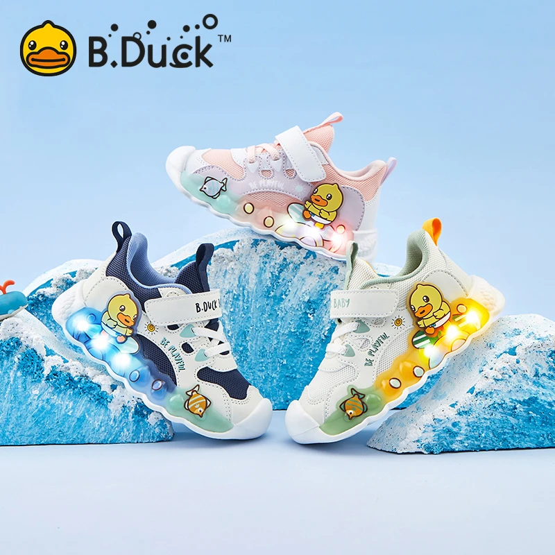 B.Duck小黄鸭童鞋女童运动鞋春秋款儿童透气亮灯发光鞋BY1583905