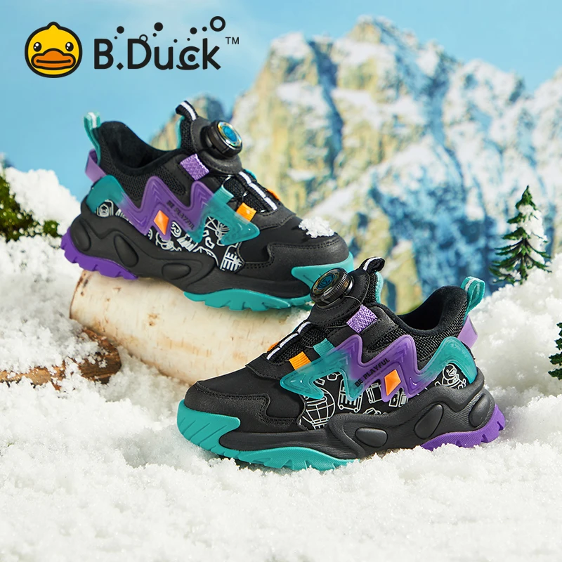 B.Duck小黄鸭童鞋男童运动鞋冬季新款旋钮扣加绒保暖棉鞋B5483018