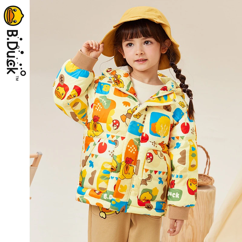 B.Duck小黄鸭童装女童羽绒服冬季男童满印保暖连帽外套BF5416053