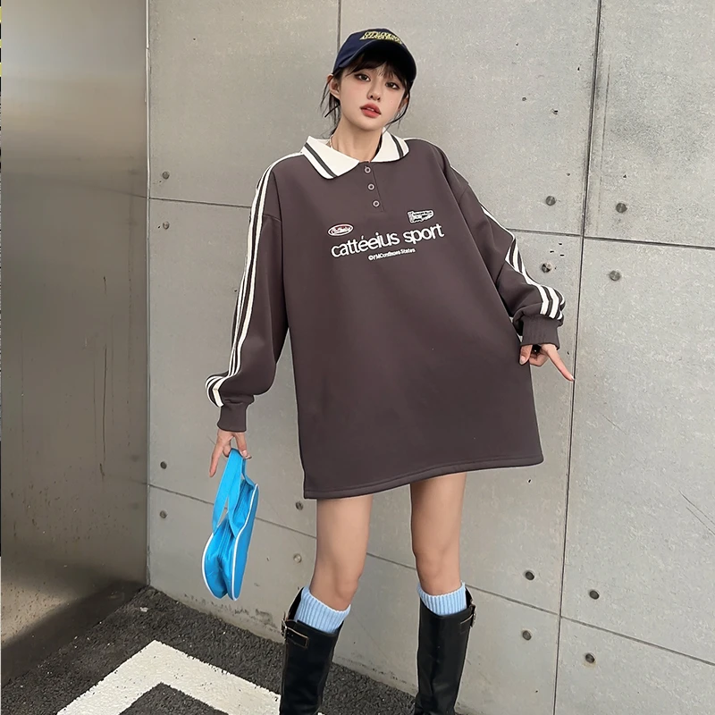 2024最新款美式条纹长袖卫衣女秋季潮牌中长款高街休闲情侣外套