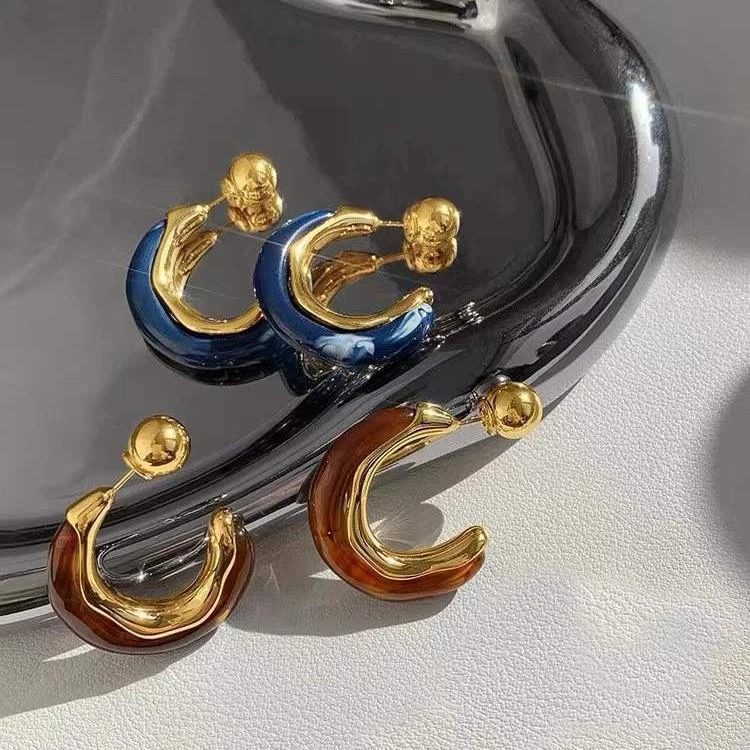 合金树脂耳饰 法式个性复古耳环美拉德风C耳圈小众设计感港风高档