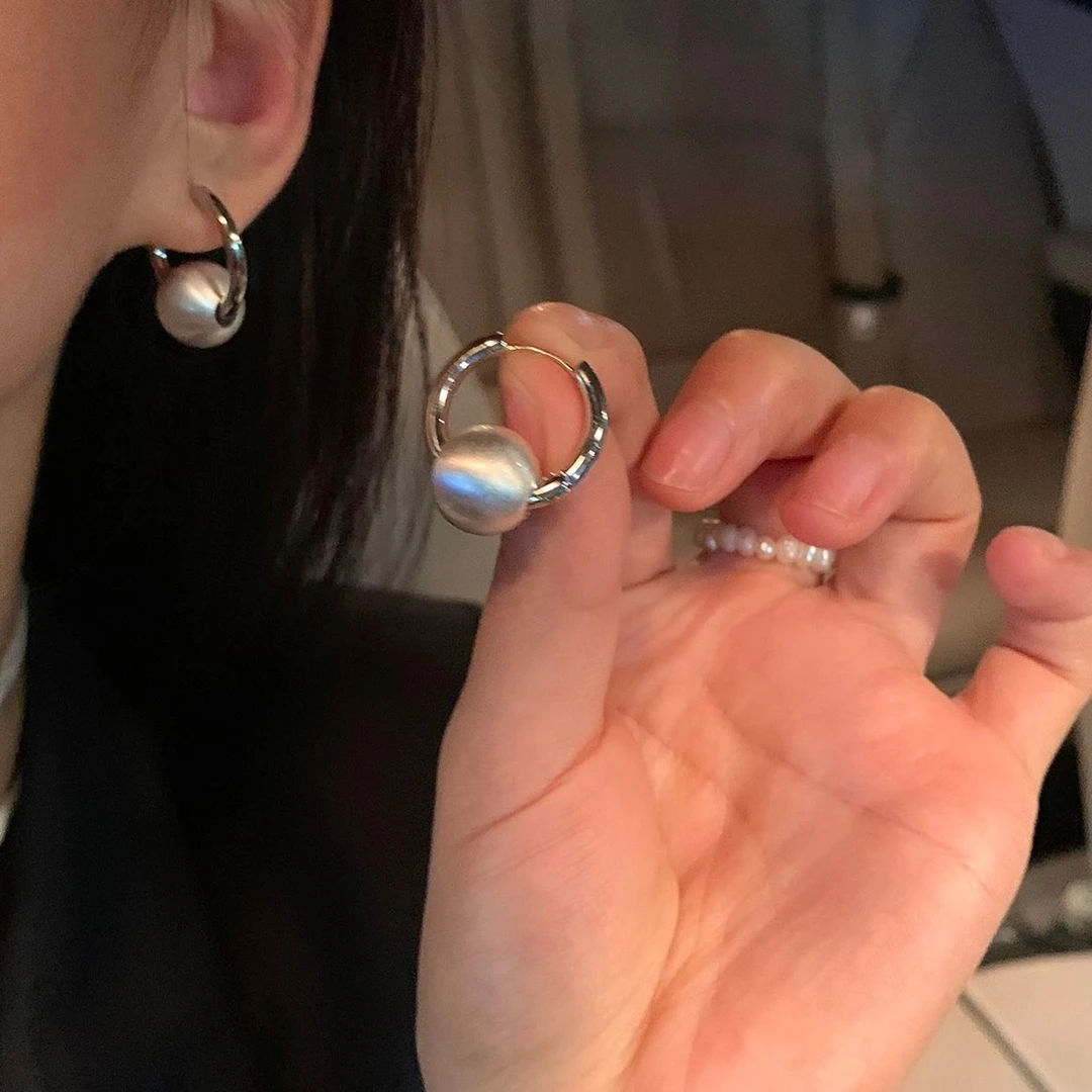 铜合金耳饰 高级简约小众气质珠珠耳扣法式个性拉丝设计耳环