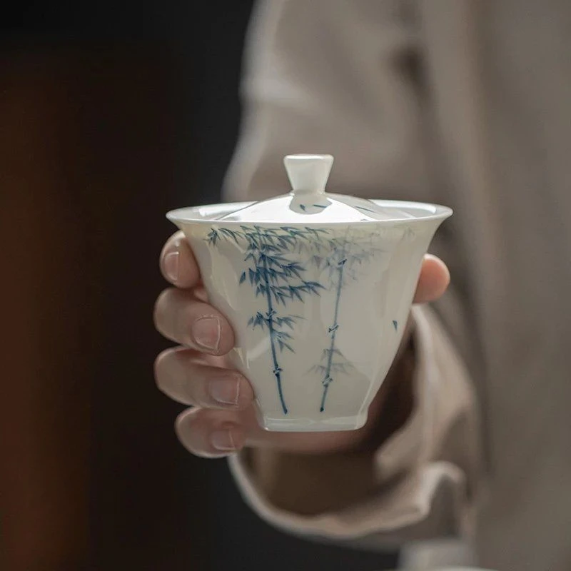 叶屿玉泥白瓷釉下手绘青花竹子盖碗文人功夫泡茶盖碗素雅风主泡碗