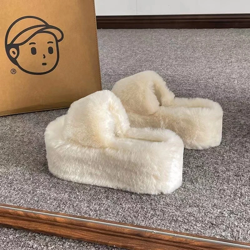 恨天高7cm新款松糕增高毛毛鞋女外穿潮棉拖女2025秋冬毛毛拖鞋