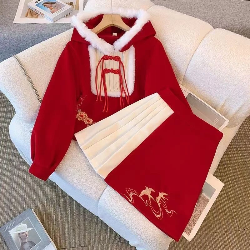 秋冬季 红色拜年套装民族风2023新款气质改良中国汉服唐装两件套