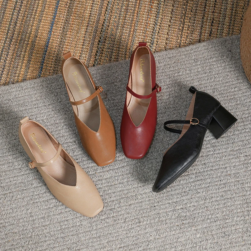 真皮方头软皮浅口单鞋女中跟简约粗跟软底奶奶鞋舒适多色高跟鞋