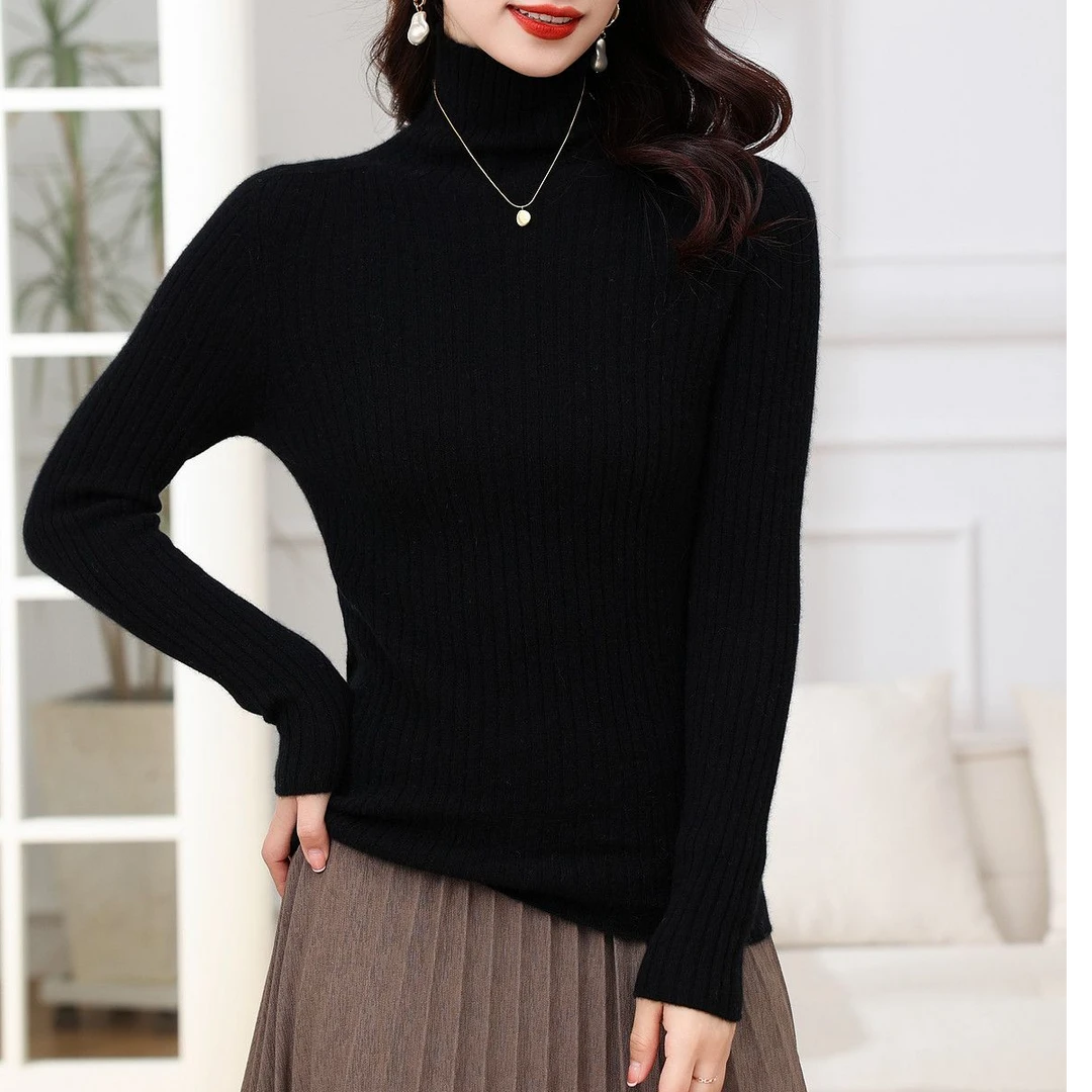 【100%山羊绒】高领堆堆领纯绒无缝坑条打底百搭修身毛衣秋冬新款纯