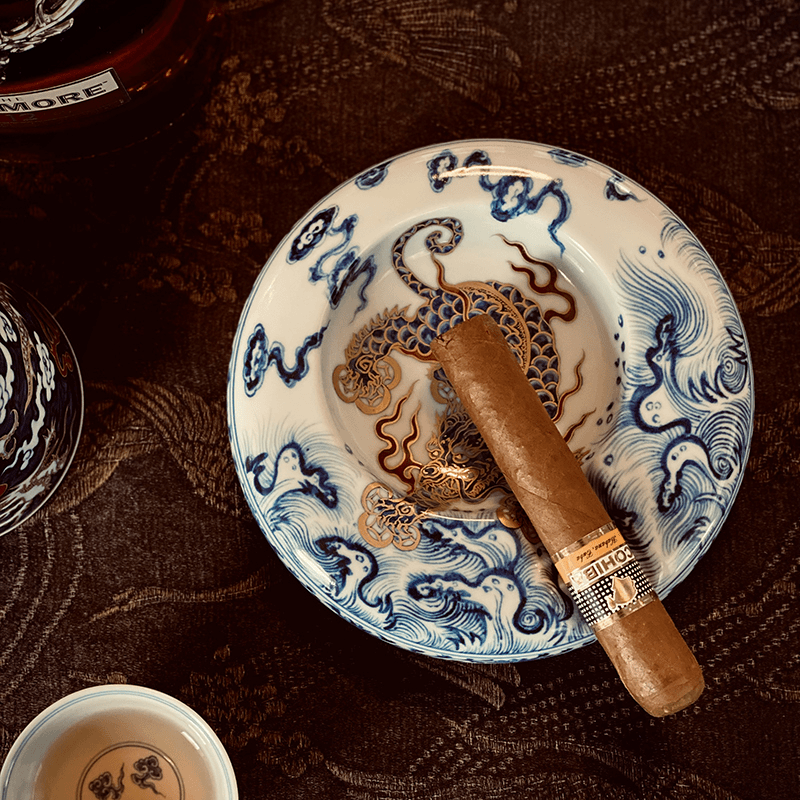 【厚山茄座】青花添金招财貔貅雪茄缸高端陶瓷柴烧