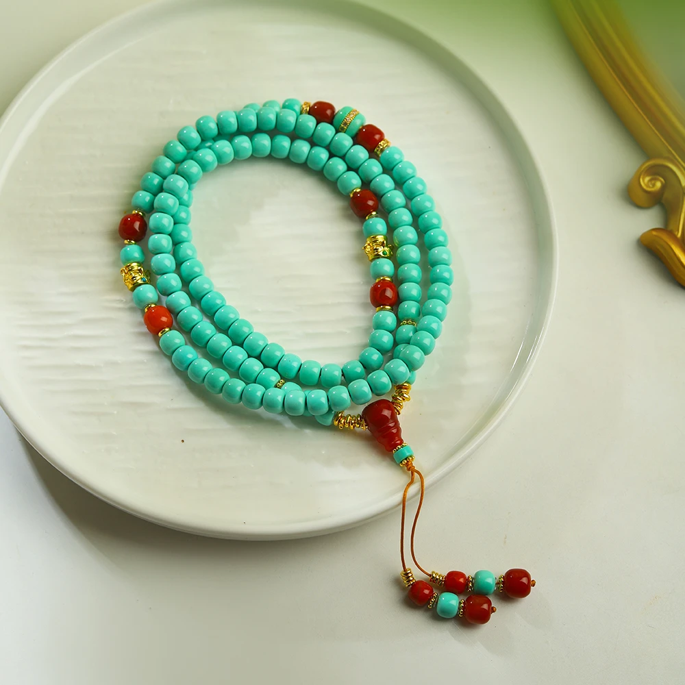 【复古潮流】F134•精品瓷高绿色老型珠项链创意男女款多圈配珠饰品