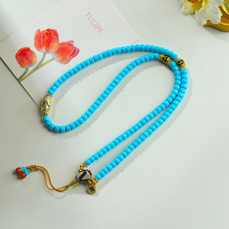 【青云万里】N116•轻奢蓝色瓷高直切老型珠108项链多圈龟背珠男女款