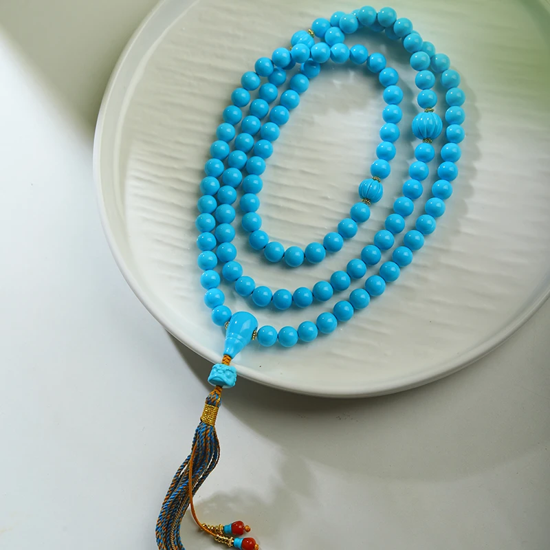 88碧海青天】F113•精品瓷高蓝色圆珠项链瓜珠醒狮配珠手工串珠多圈