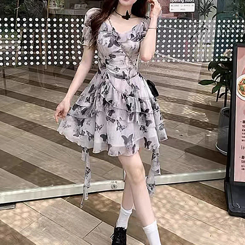 916微胖mm大码女装碎花裙法式雪纺收腰木耳边流苏印花显瘦连衣裙